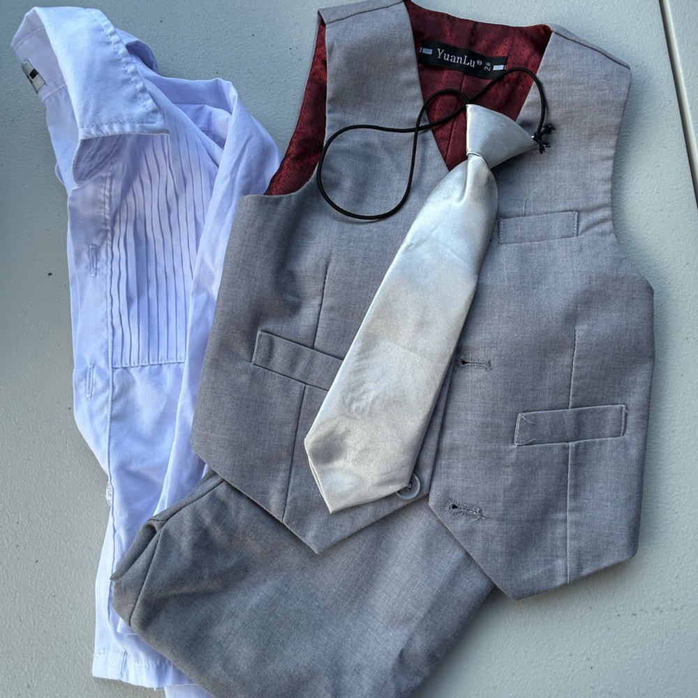 Gray and White Button Down Shirt and Vest Set